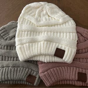 Set of Three Beanies (White, Pink, Gray)
